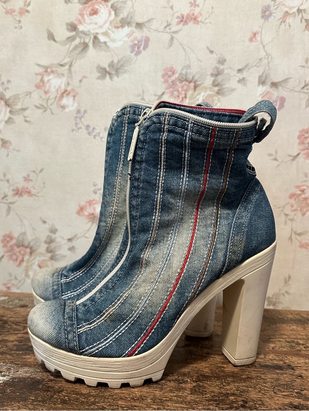 Upcycled Boots Platform Denim Y2K High Block Heel Size 39 - Picture 5 of 10